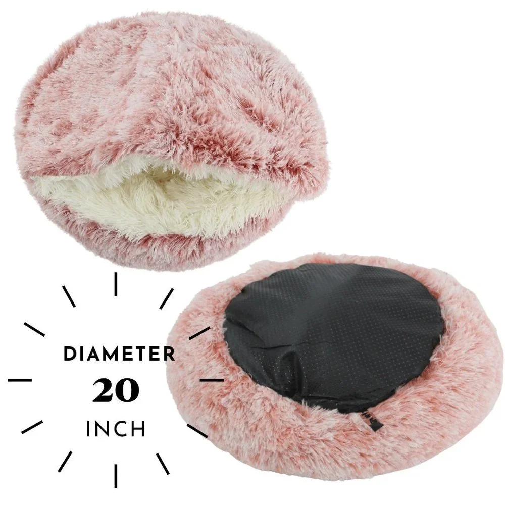 Hug Love Product | (Pink) 2 in 1 Round Donut Plush Cat Bed with Cover